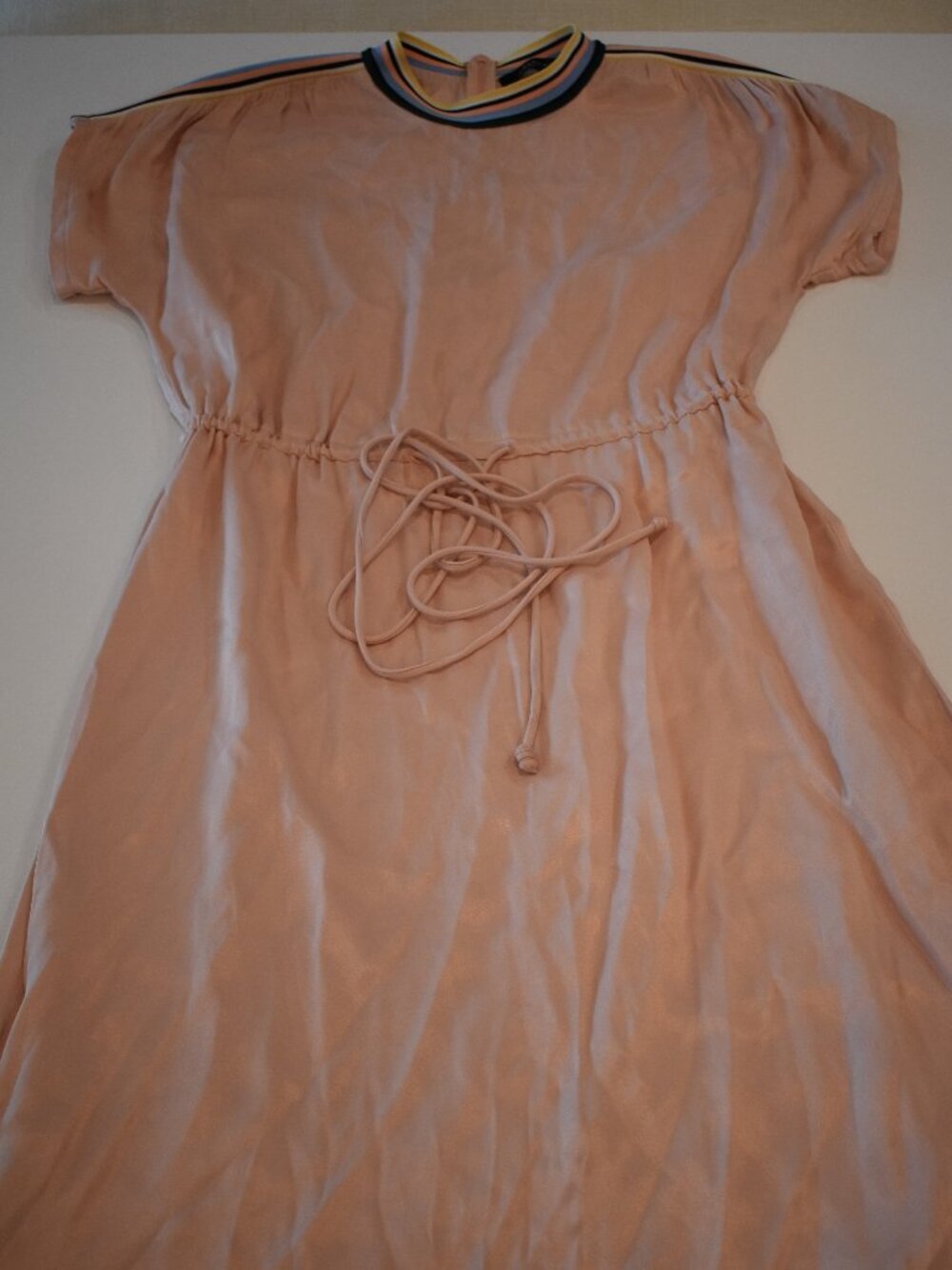 Zara Woman Small Peach/Rose Satin Midi Dress Drawstring Waist Striped Trim
